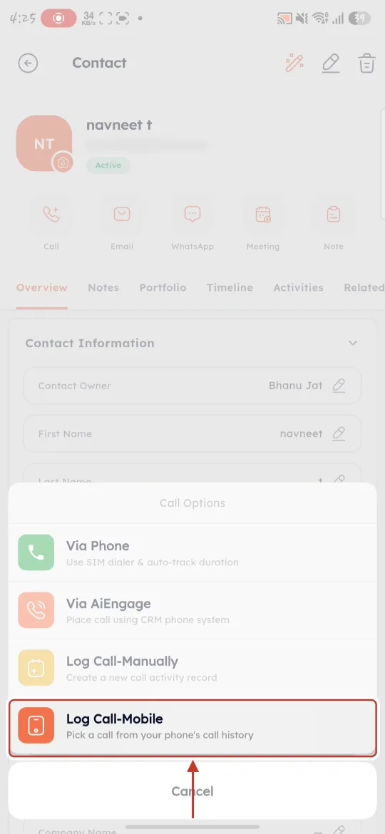 Log Call-Mobile in Call Options