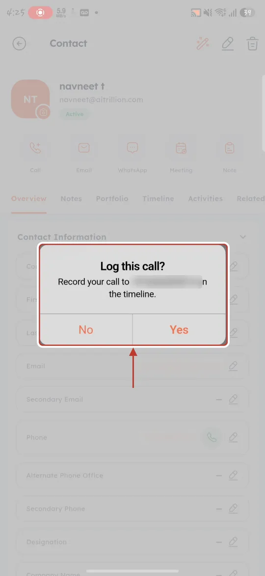 The Log this call prompt