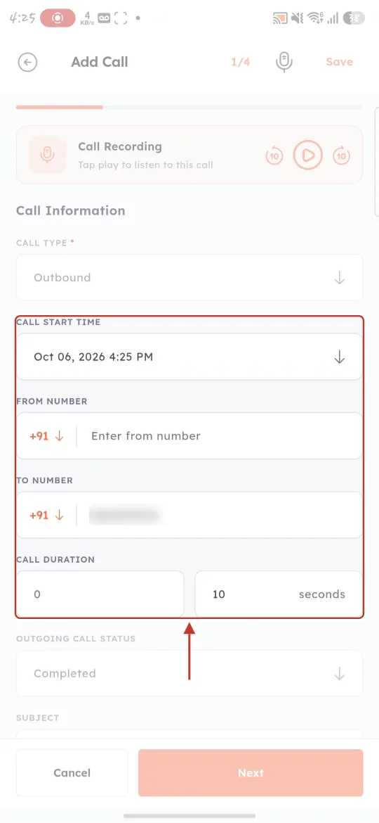 The Add Call form filled from the call history
