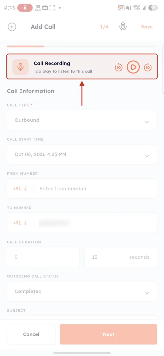 The Call Recording card at the top of the Add Call form
