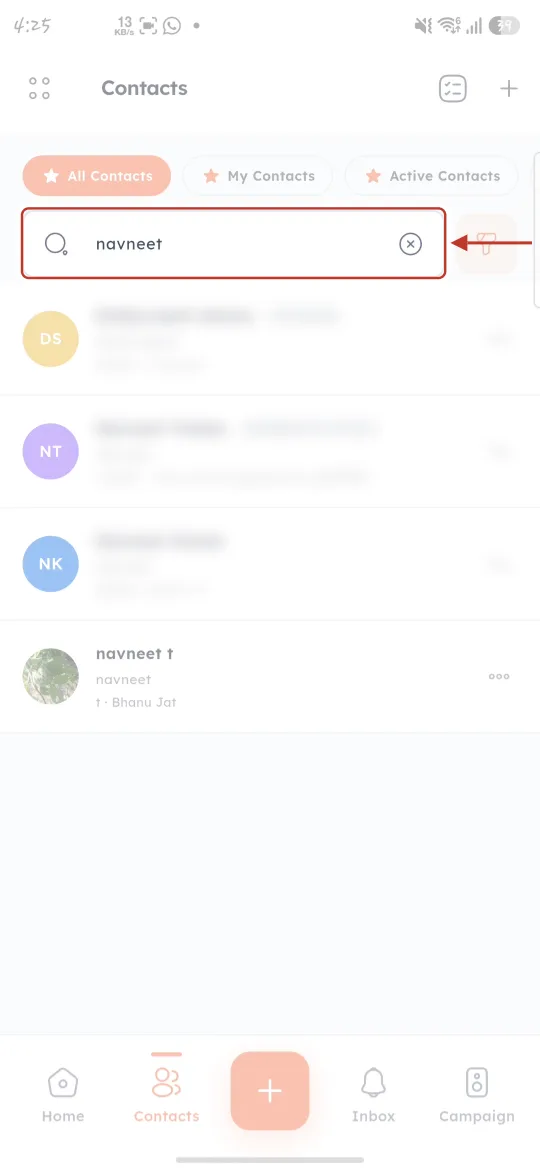 Searching for a contact in the mobile app