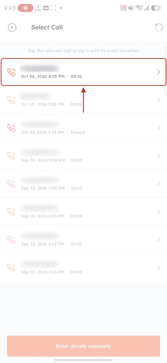 The Select Call list from the phone’s call history