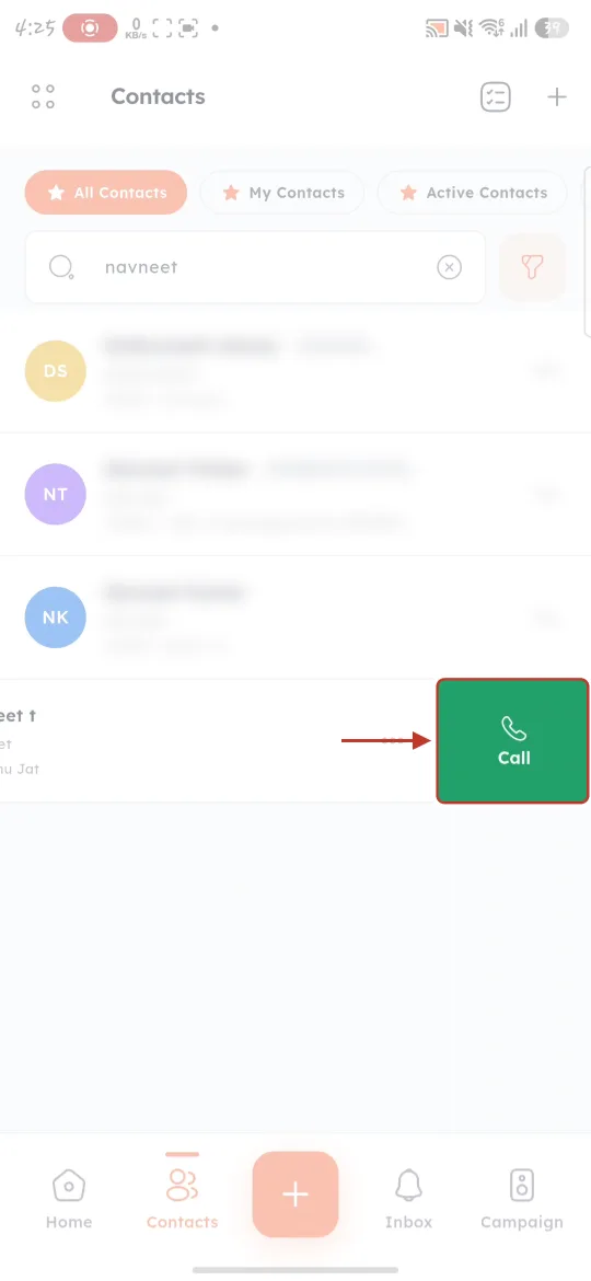 The Call button revealed by swiping a contact row
