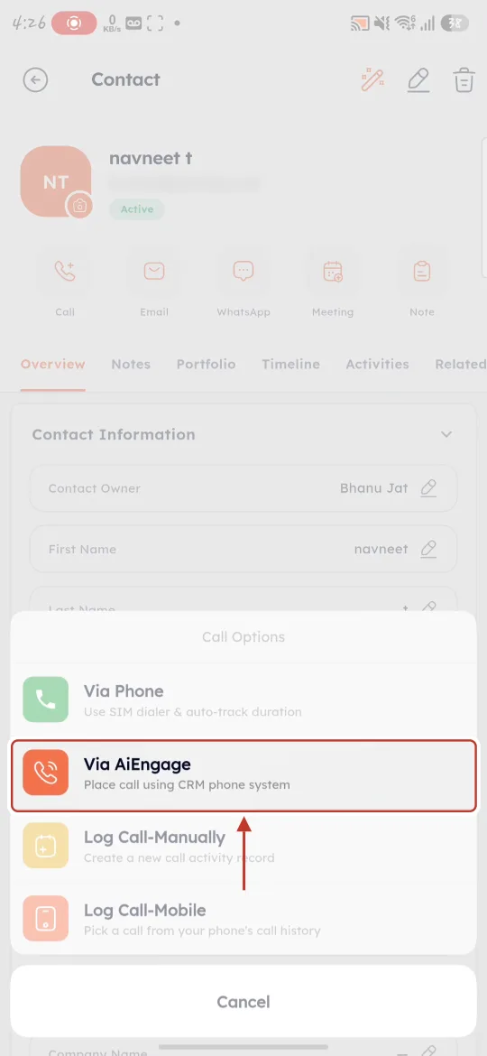 Via AiEngage in Call Options