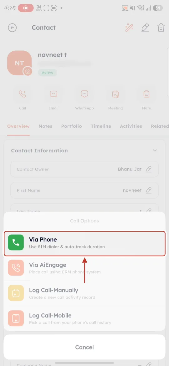 Via Phone in Call Options