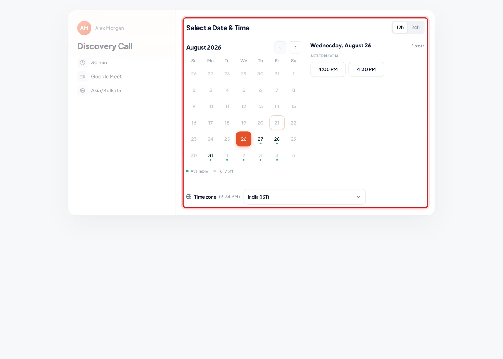 A booking page with the date and time picker highlighted
