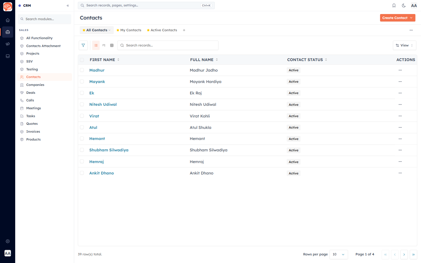 Contacts list showing imported and manually created contacts — verify records look correct before full rollout