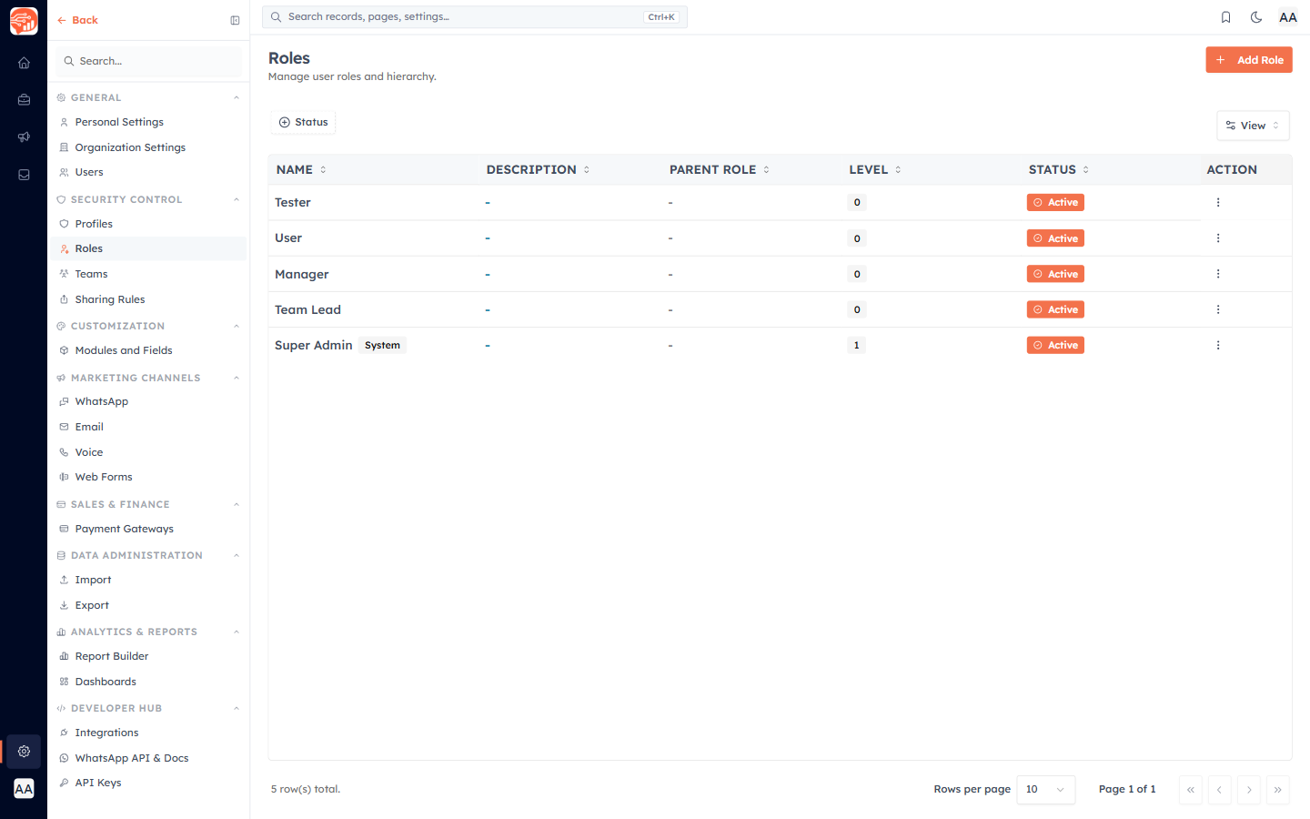 Settings → Roles page showing the full reporting hierarchy