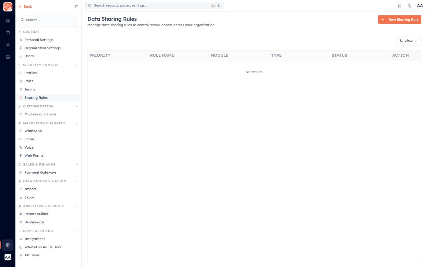 Settings → Sharing Rules page showing configured cross-team access rules