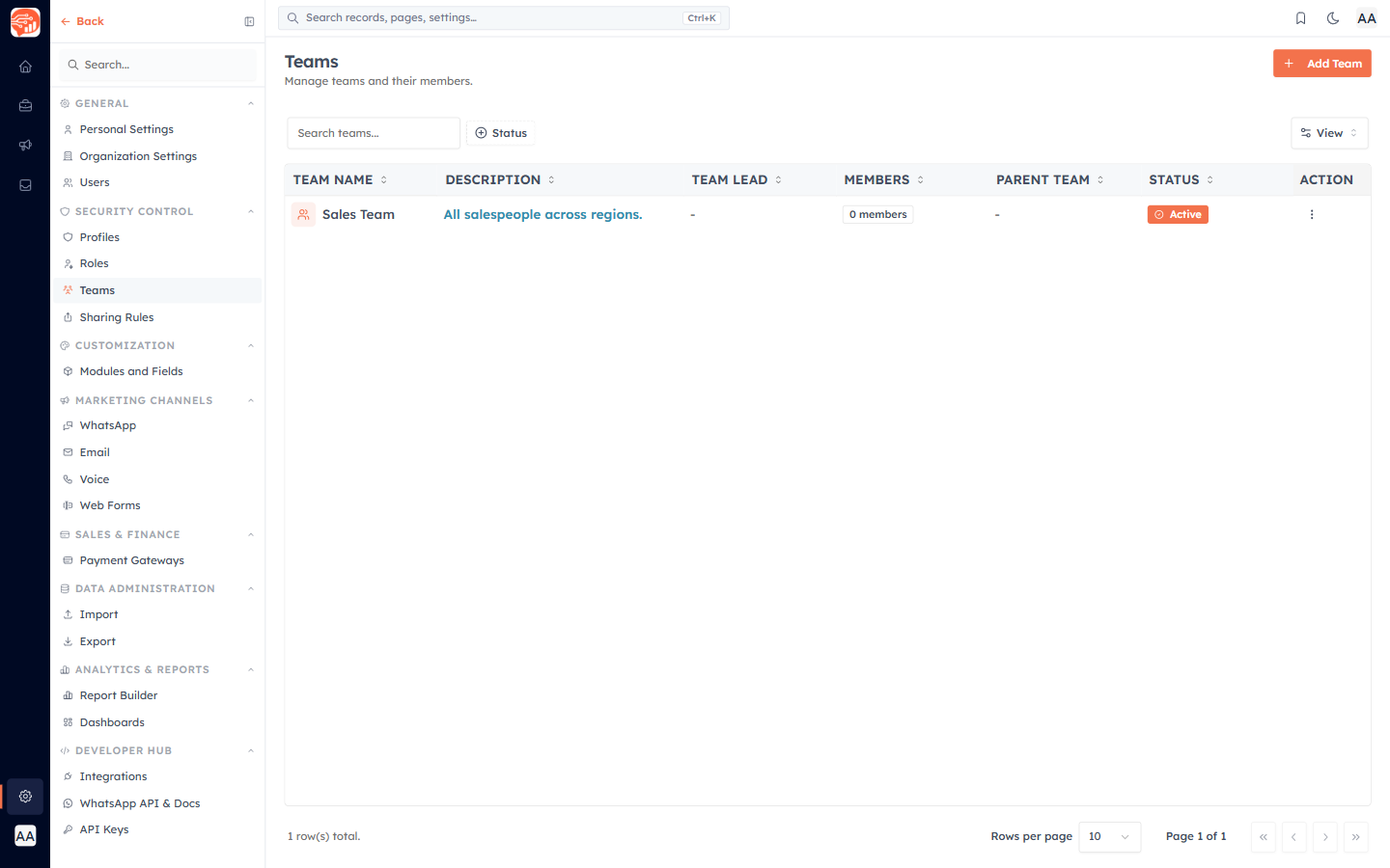 Settings → Teams page showing all created teams and their members