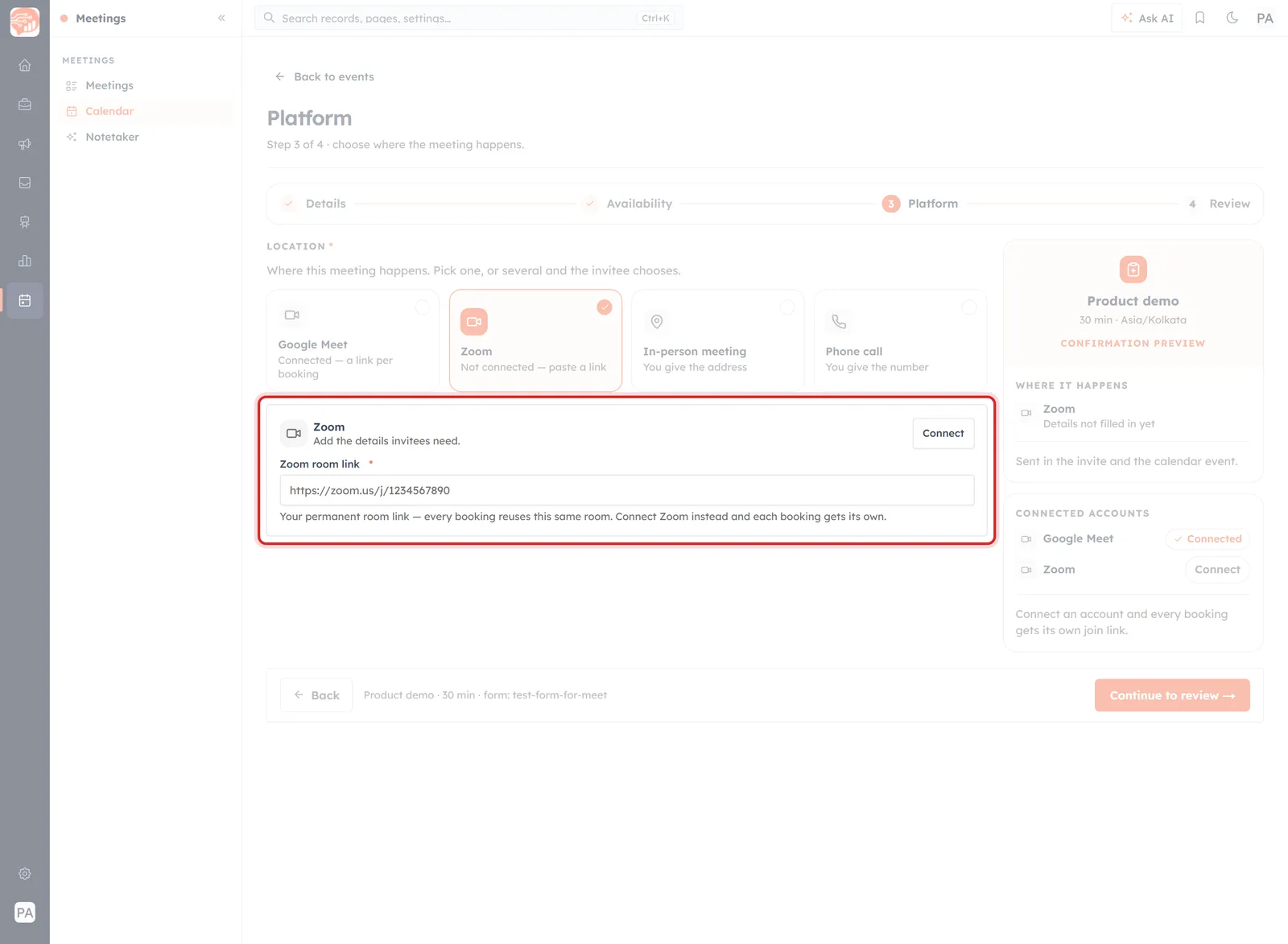 The Platform step of the Meeting Calendar wizard with the Zoom tile selected, showing the Zoom room link field and its Connect button