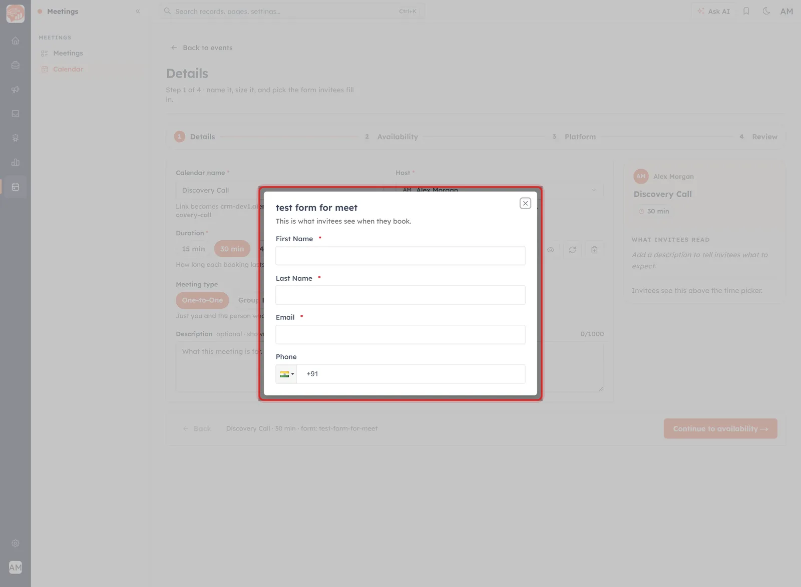 The Preview form dialog showing the questions an invitee will be asked