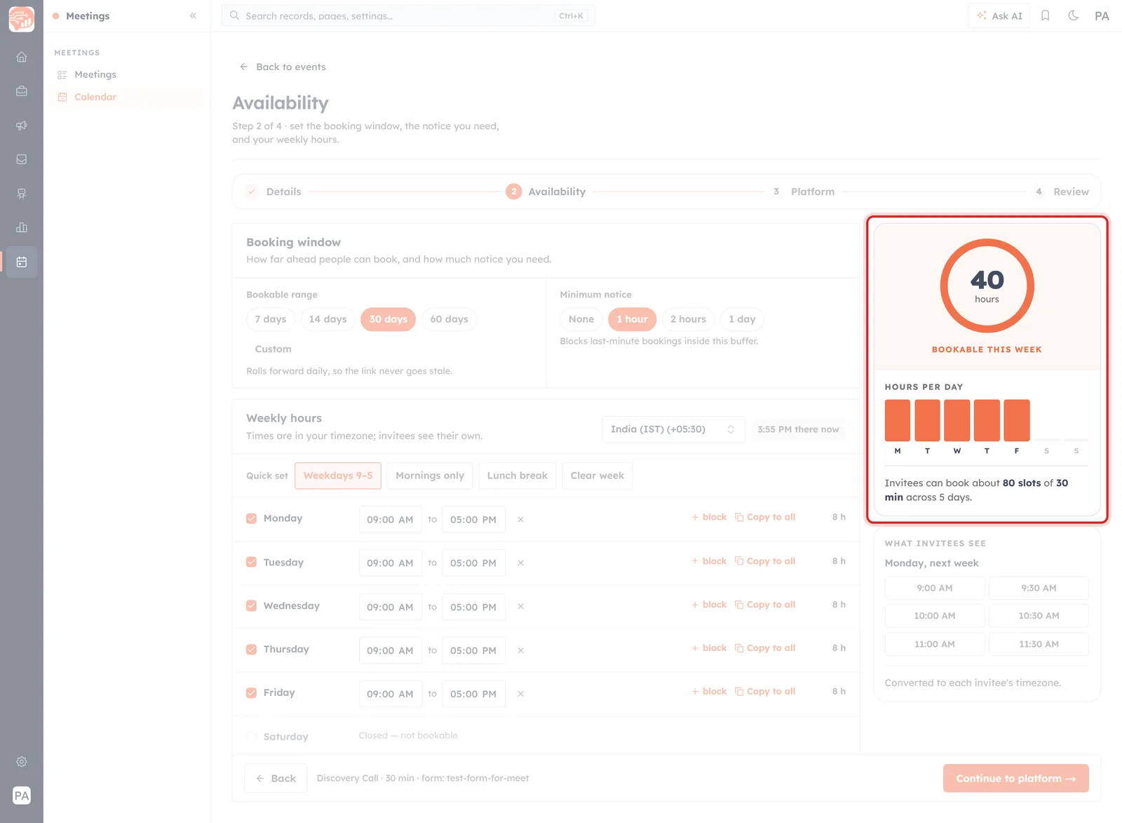 The Availability step with the bookable-hours panel and invitee preview highlighted