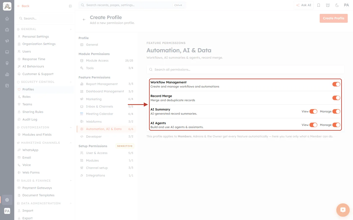 The Automation, AI & Data permissions