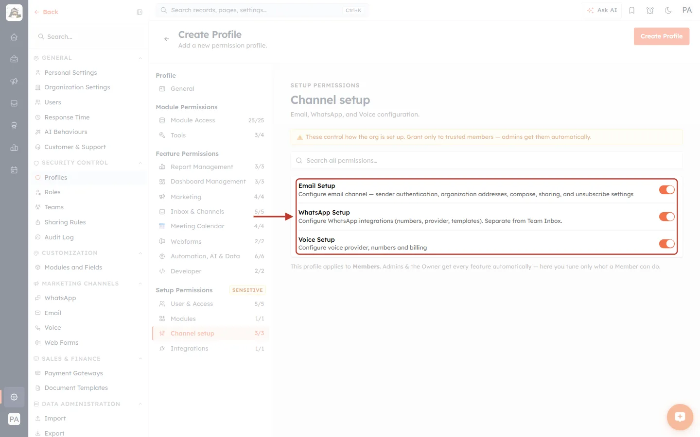 The Channel setup permissions