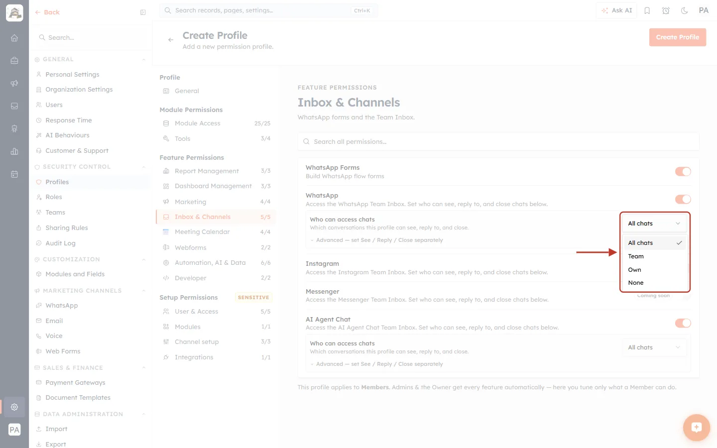 The Who can access chats drop-down