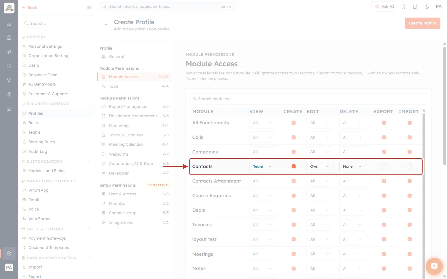 A Contacts row with Team view and Own edit