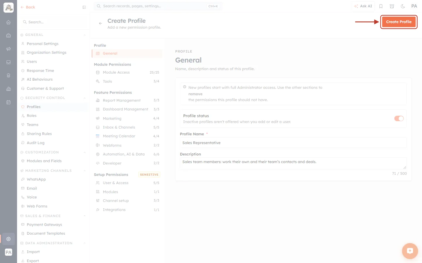 The Create Profile button