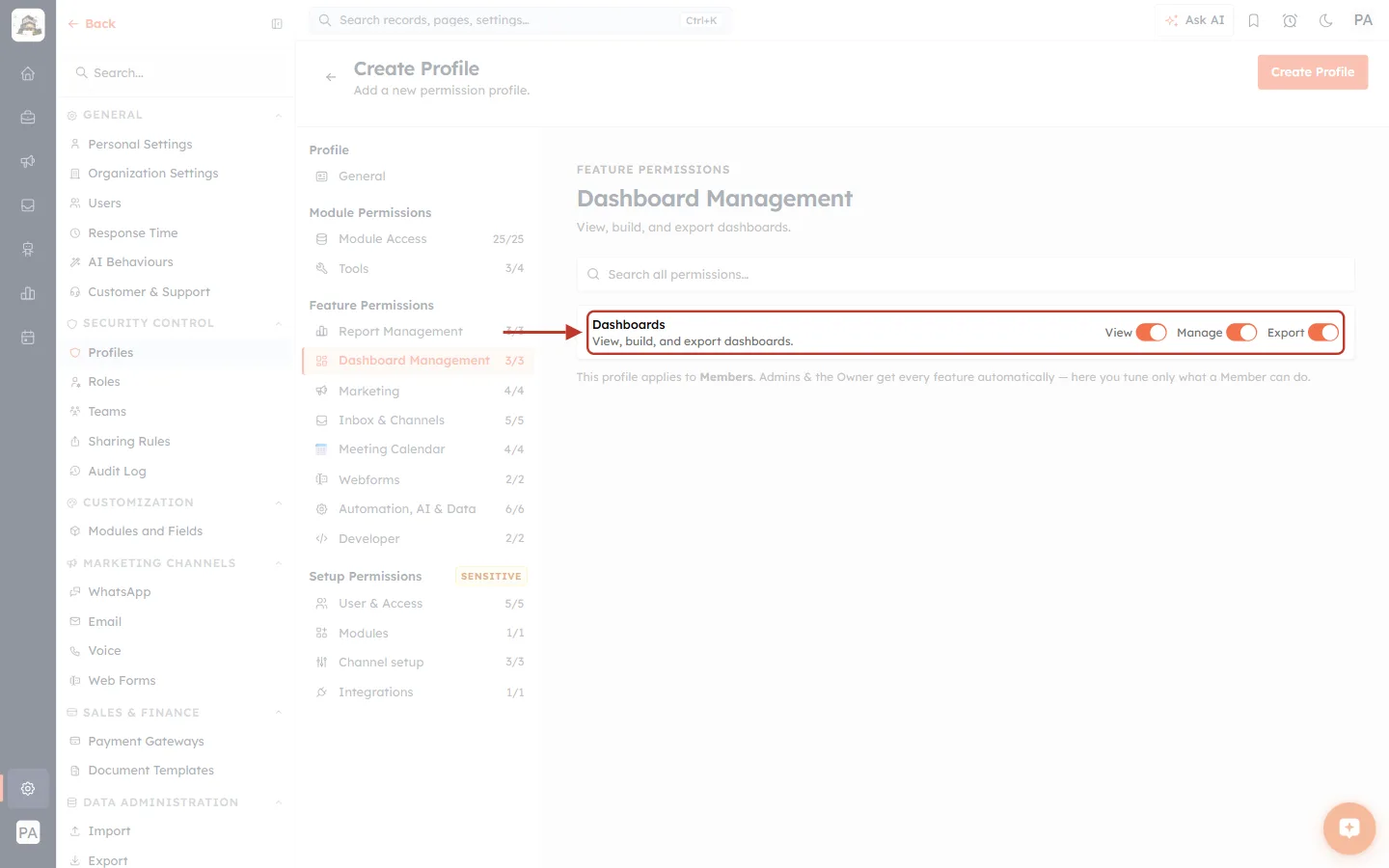 The Dashboards permissions