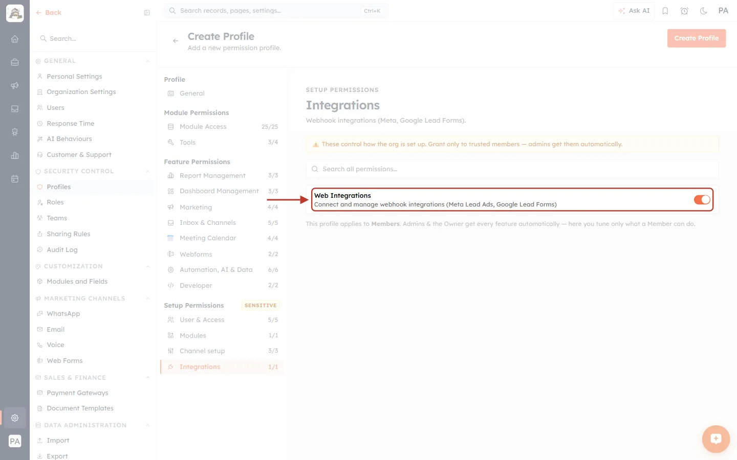 The Web Integrations setup permission