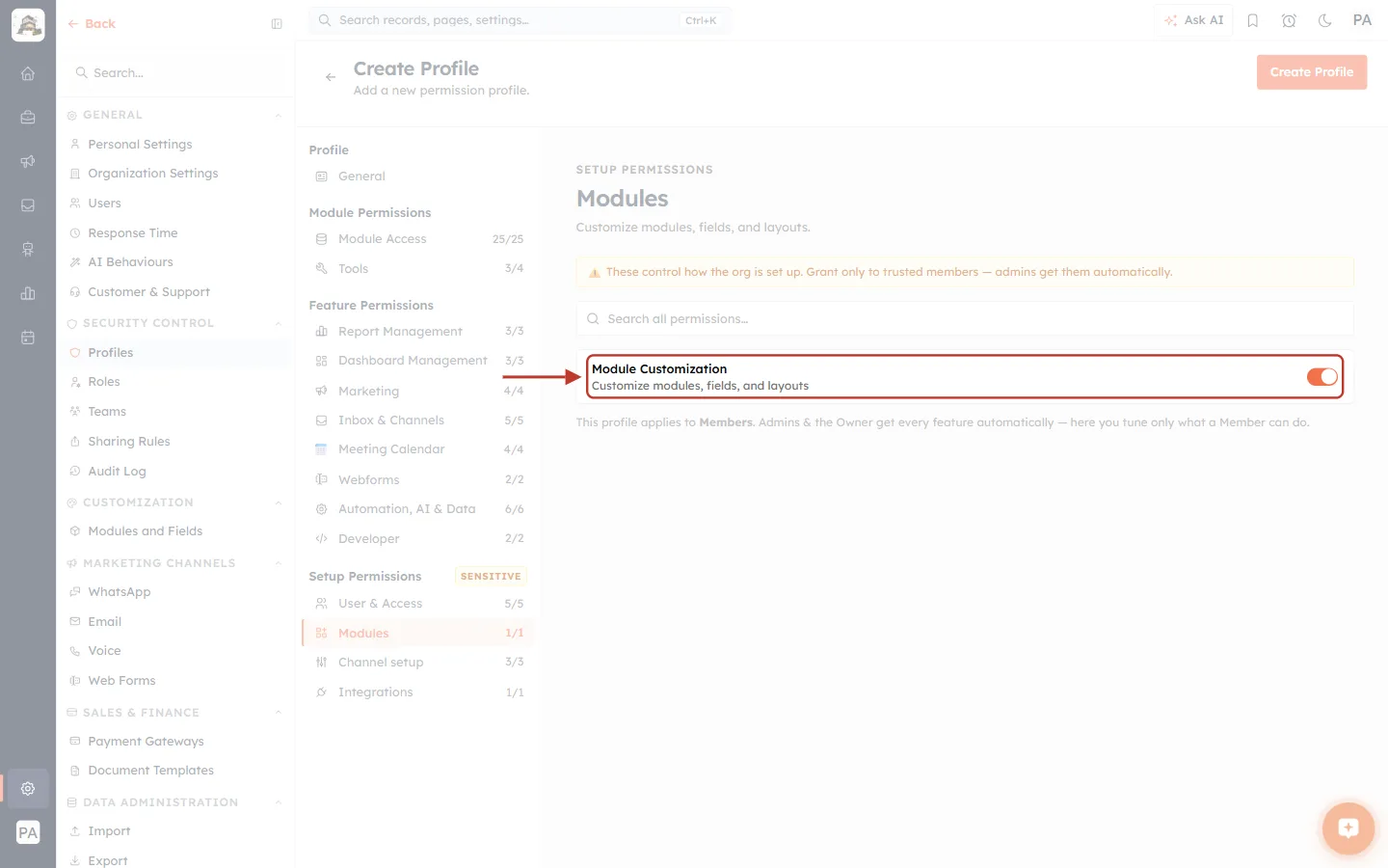 The Module Customization setup permission