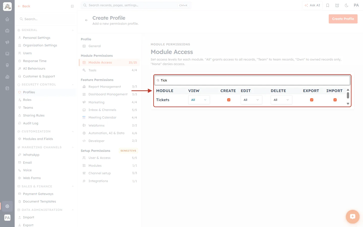 Filtering the Module Access table