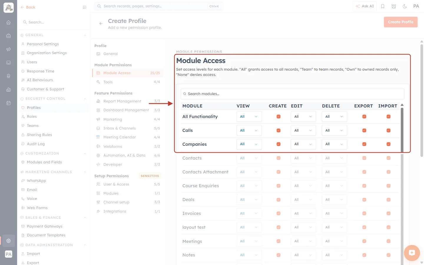 The Module Access table