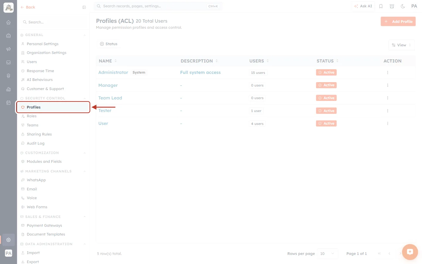 Profiles under Security Control in the Settings menu