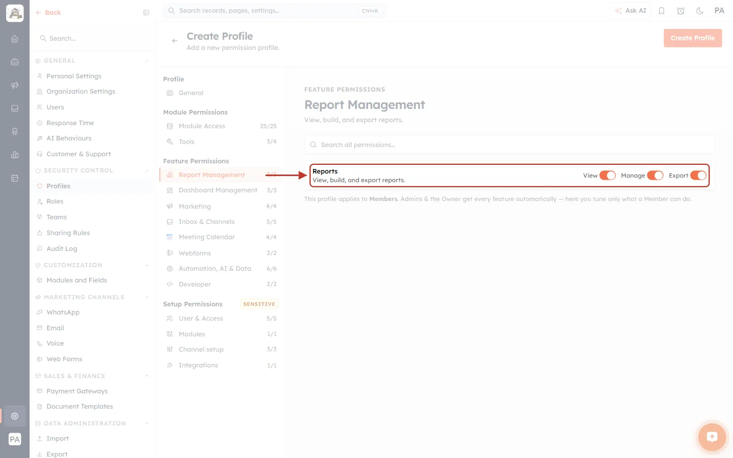 A feature permission and the Members note