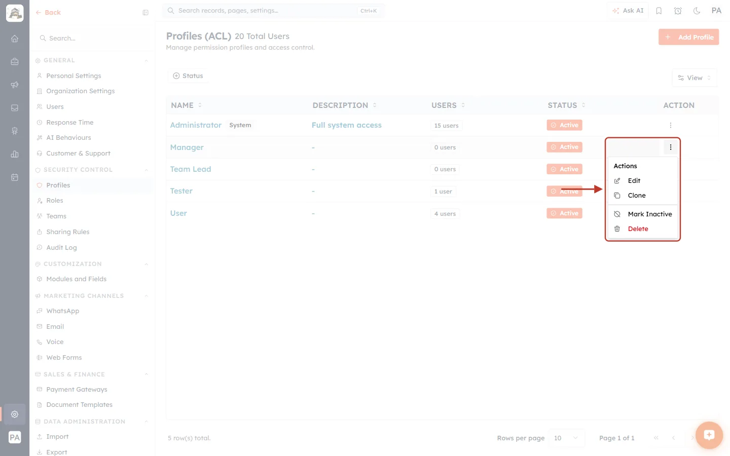 The action menu of a profile
