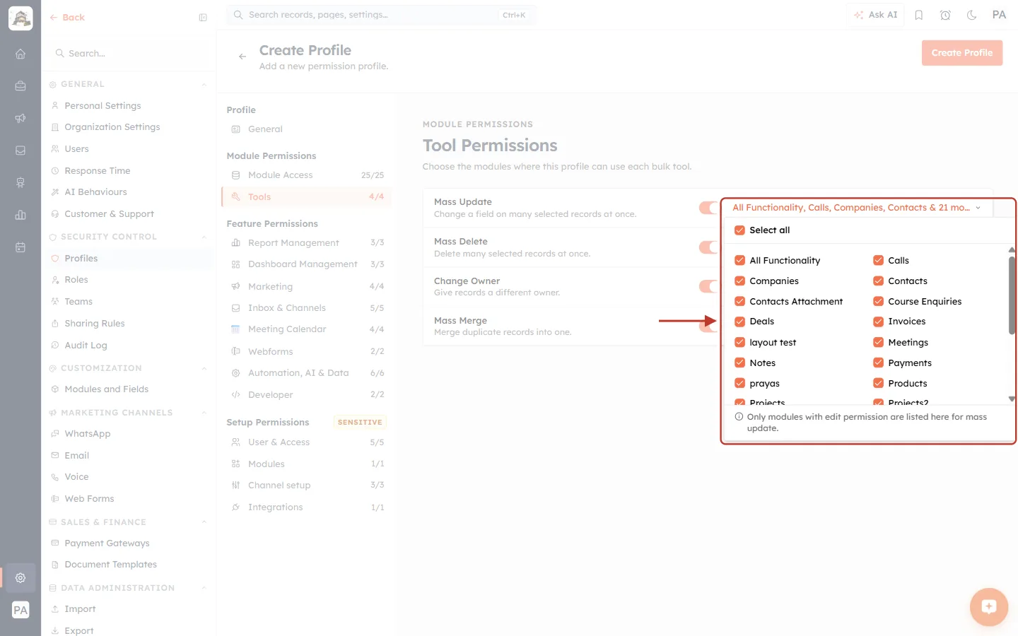 The module picker for Mass Update