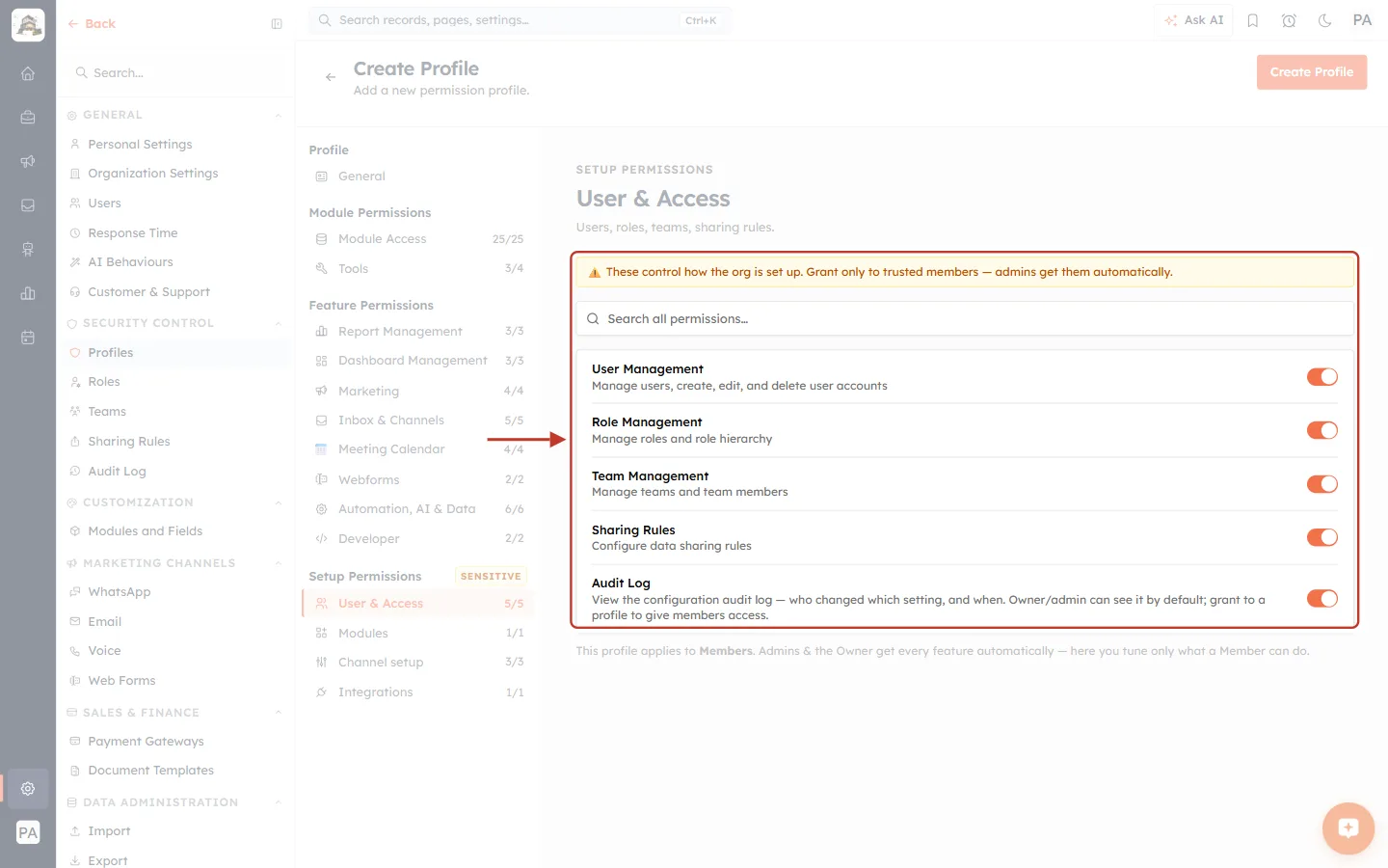 The User & Access setup permissions