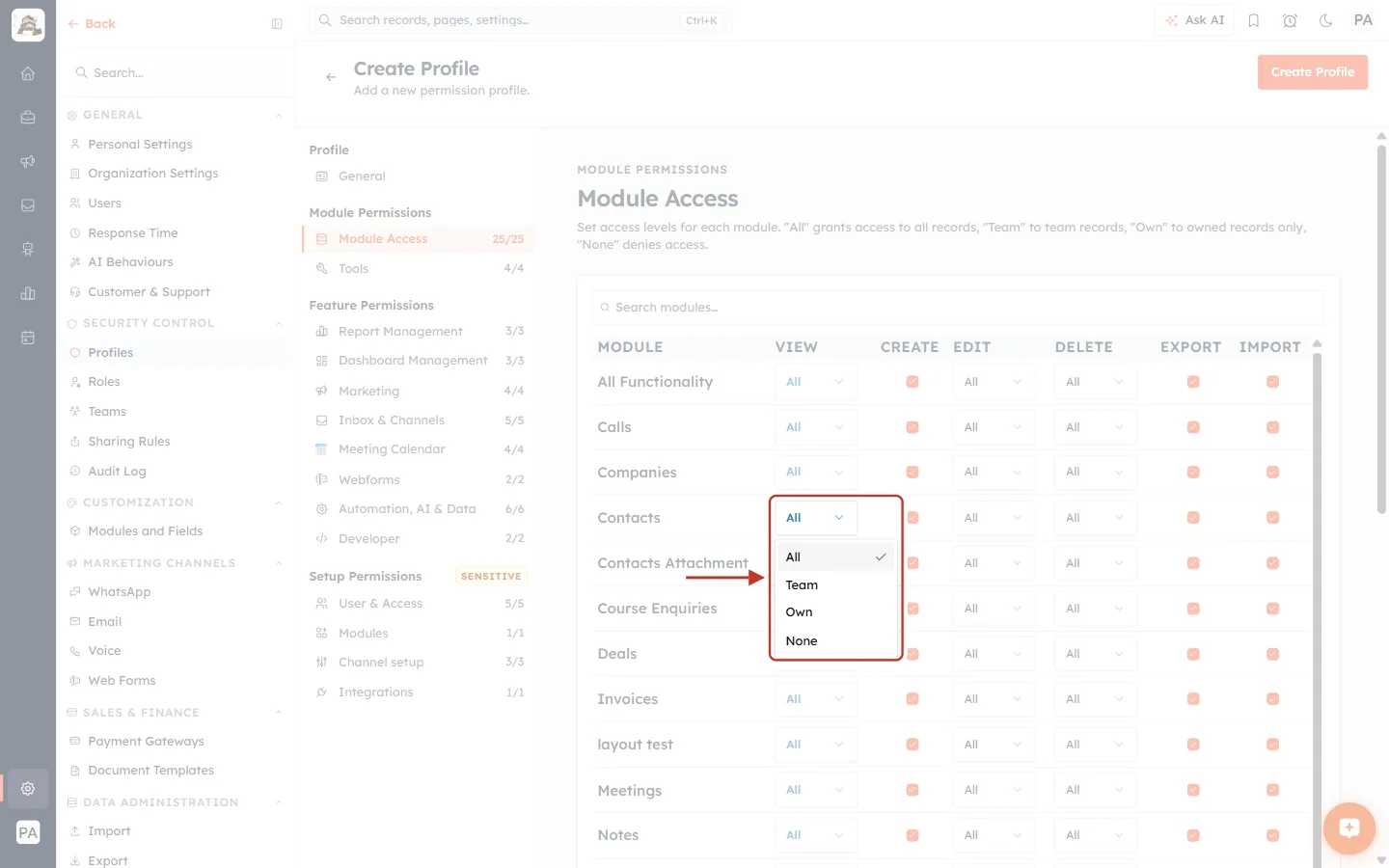 The View drop-down open on the Contacts row