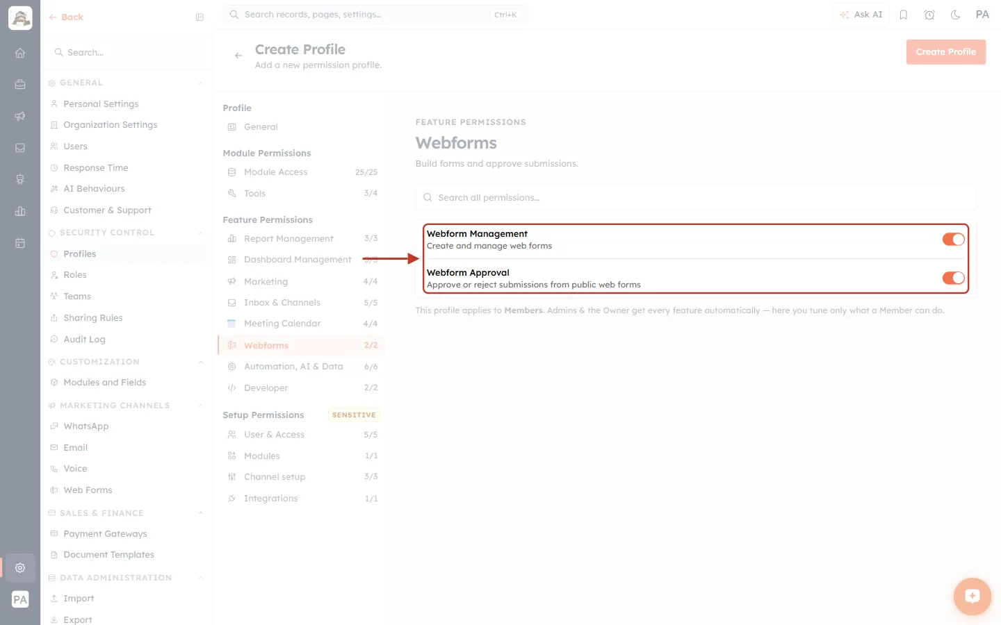 The Webforms permissions