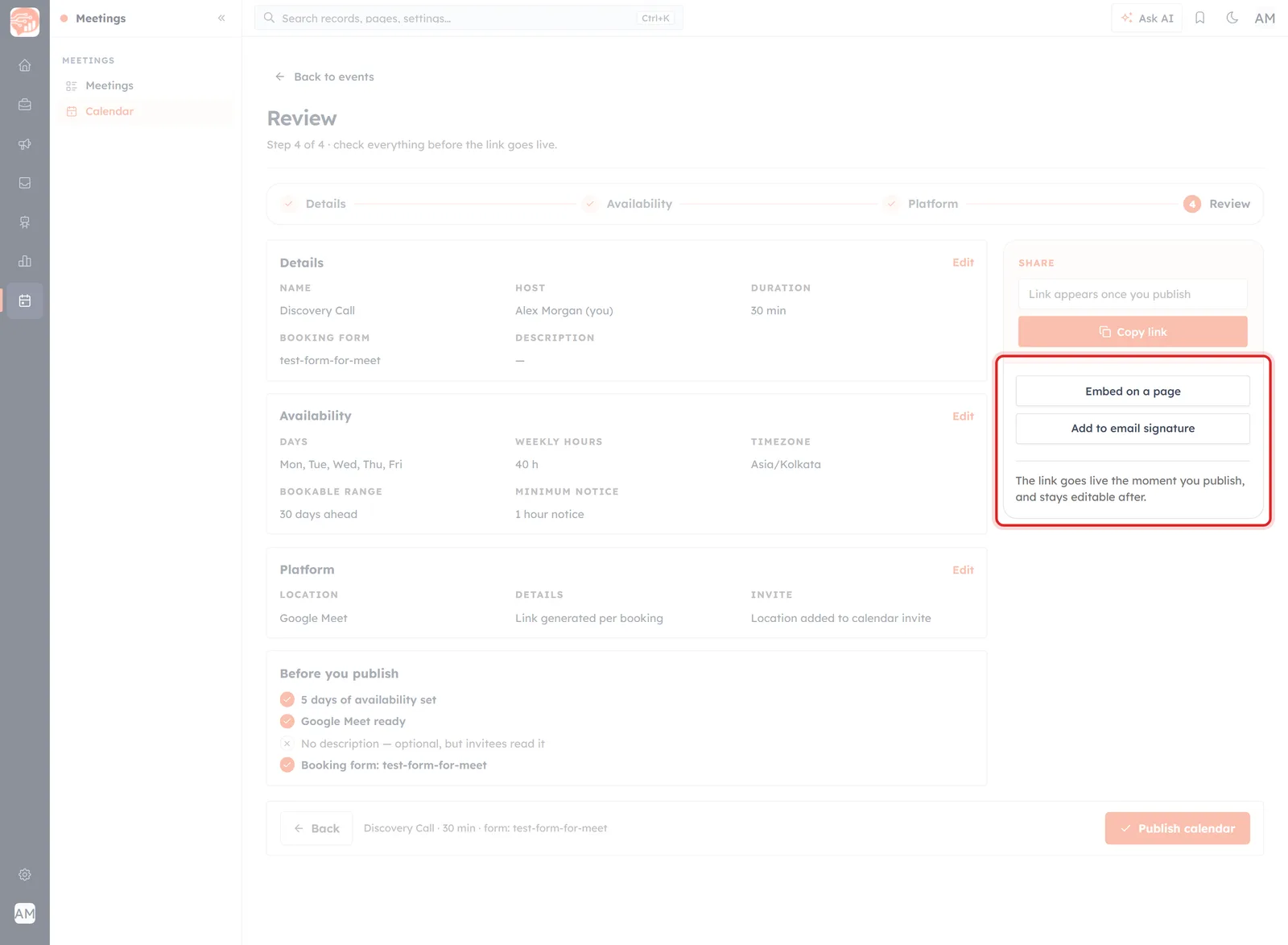 The SHARE panel on the Review step, stating that the link stays editable after publishing