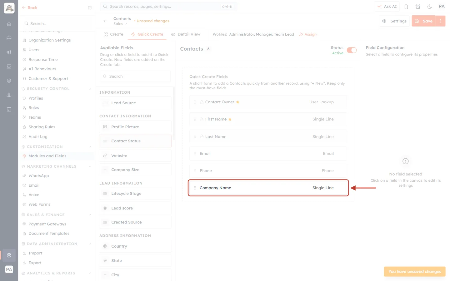 Company Name added to the Quick Create form