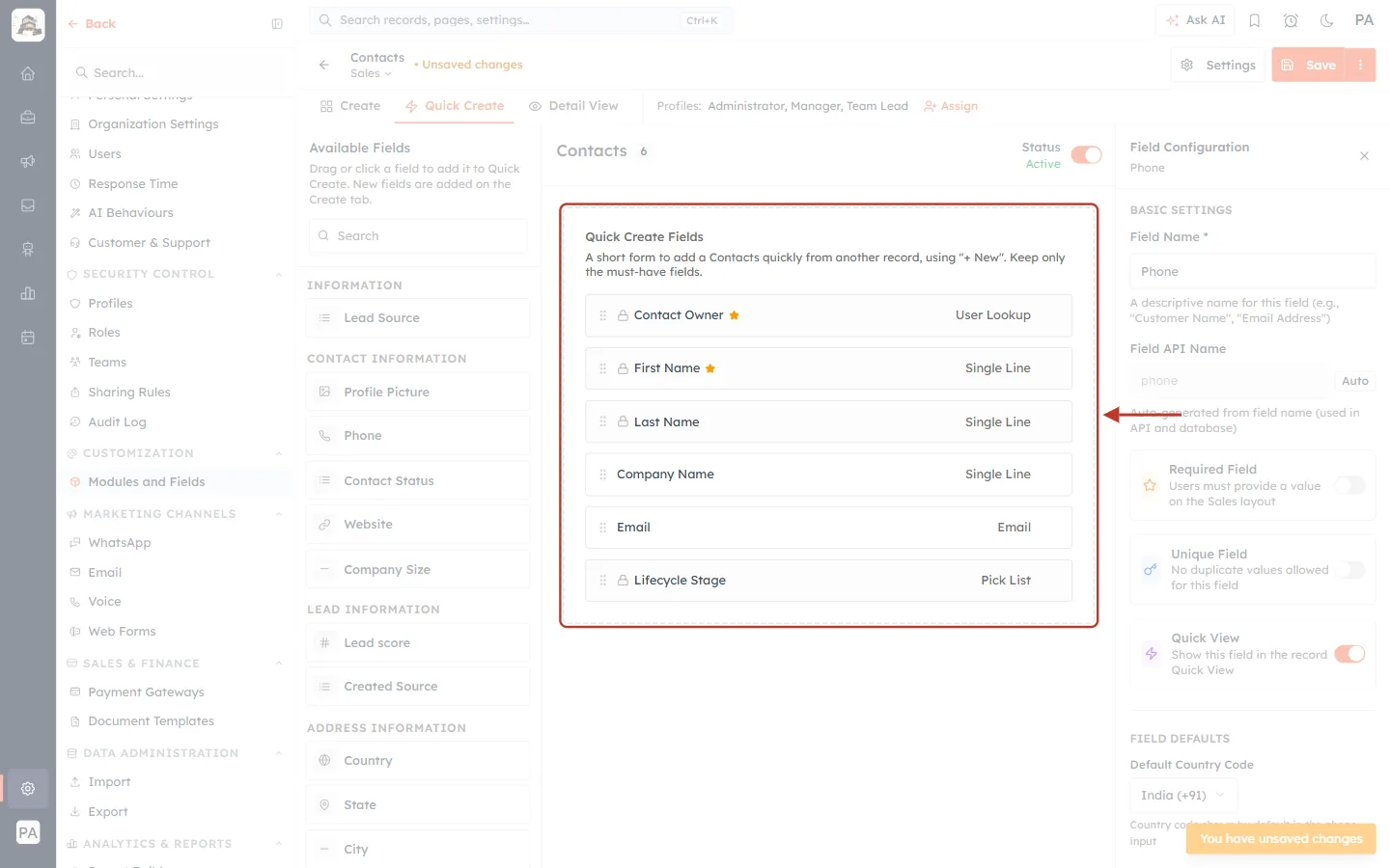The finished Quick Create form of the Sales layout