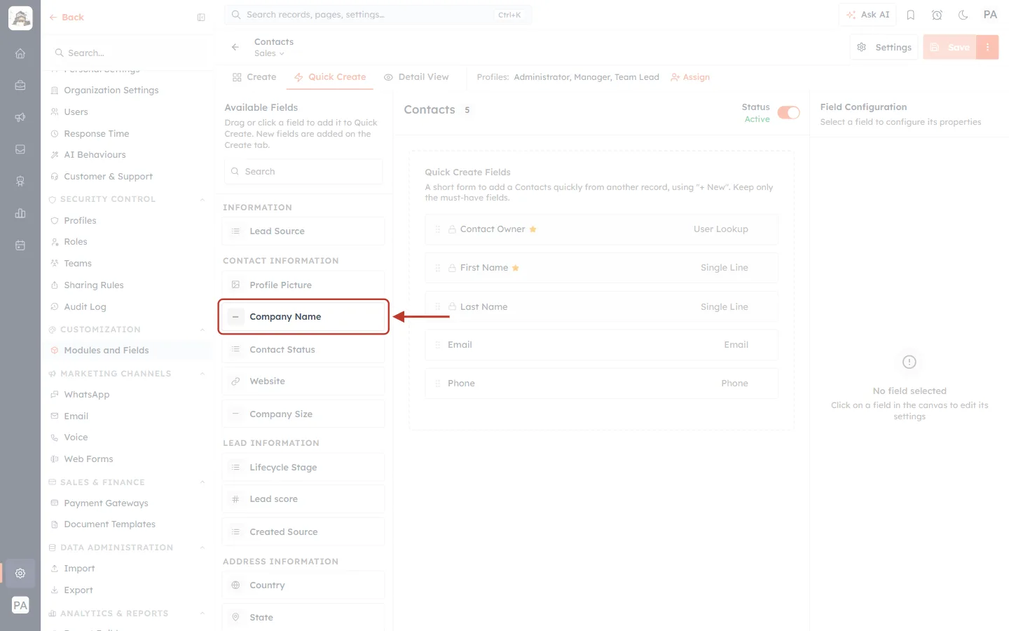 Company Name in Available Fields