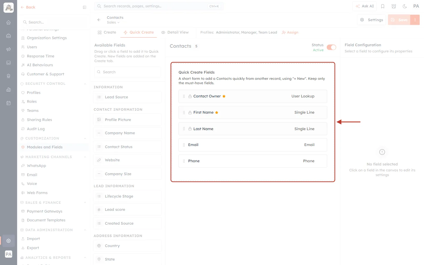 The Quick Create Fields of the Sales layout
