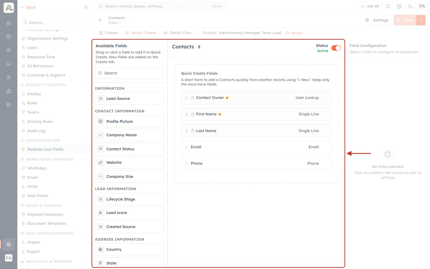 The Quick Create tab of the Sales layout