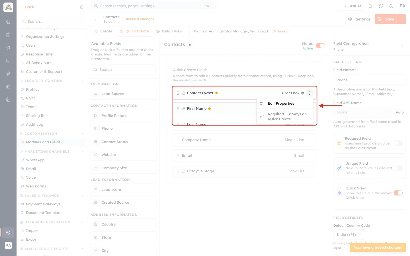 Required — always on Quick Create