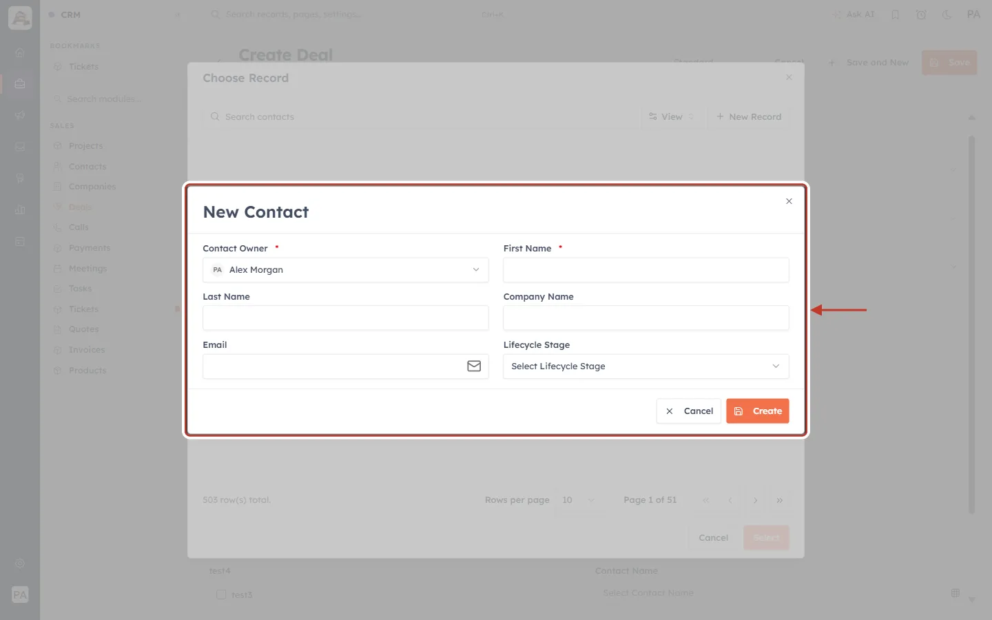 The New Contact quick create popup