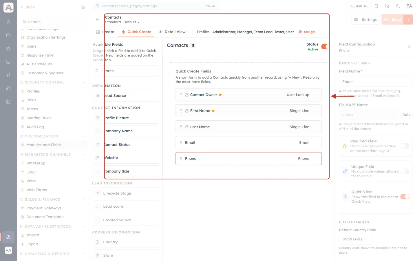 The Quick Create form of the Standard layout
