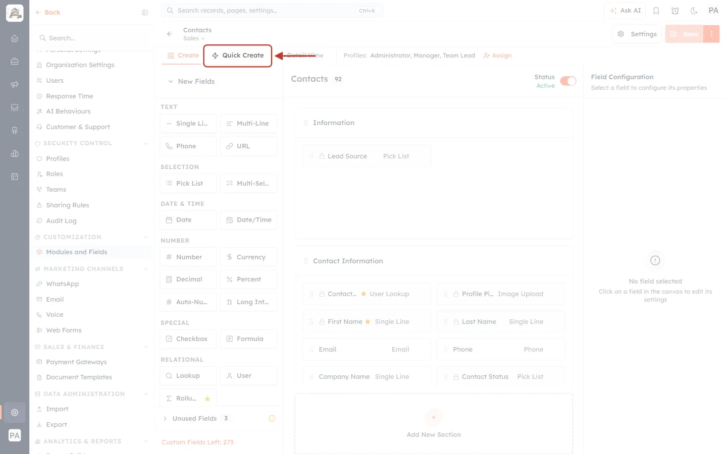 The Quick Create tab