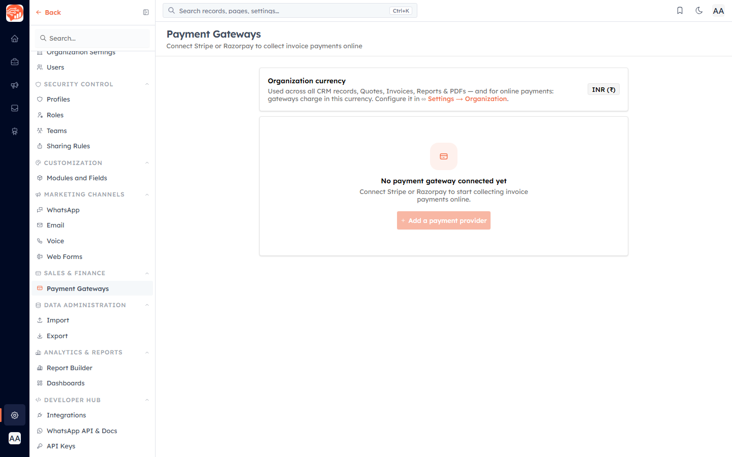 The Payment Gateways settings page