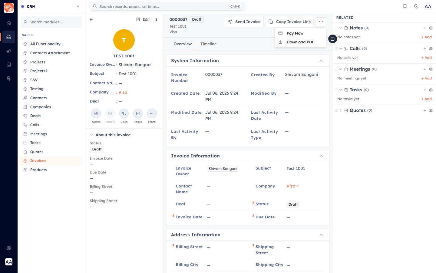 The invoice menu with Pay Now and Download PDF