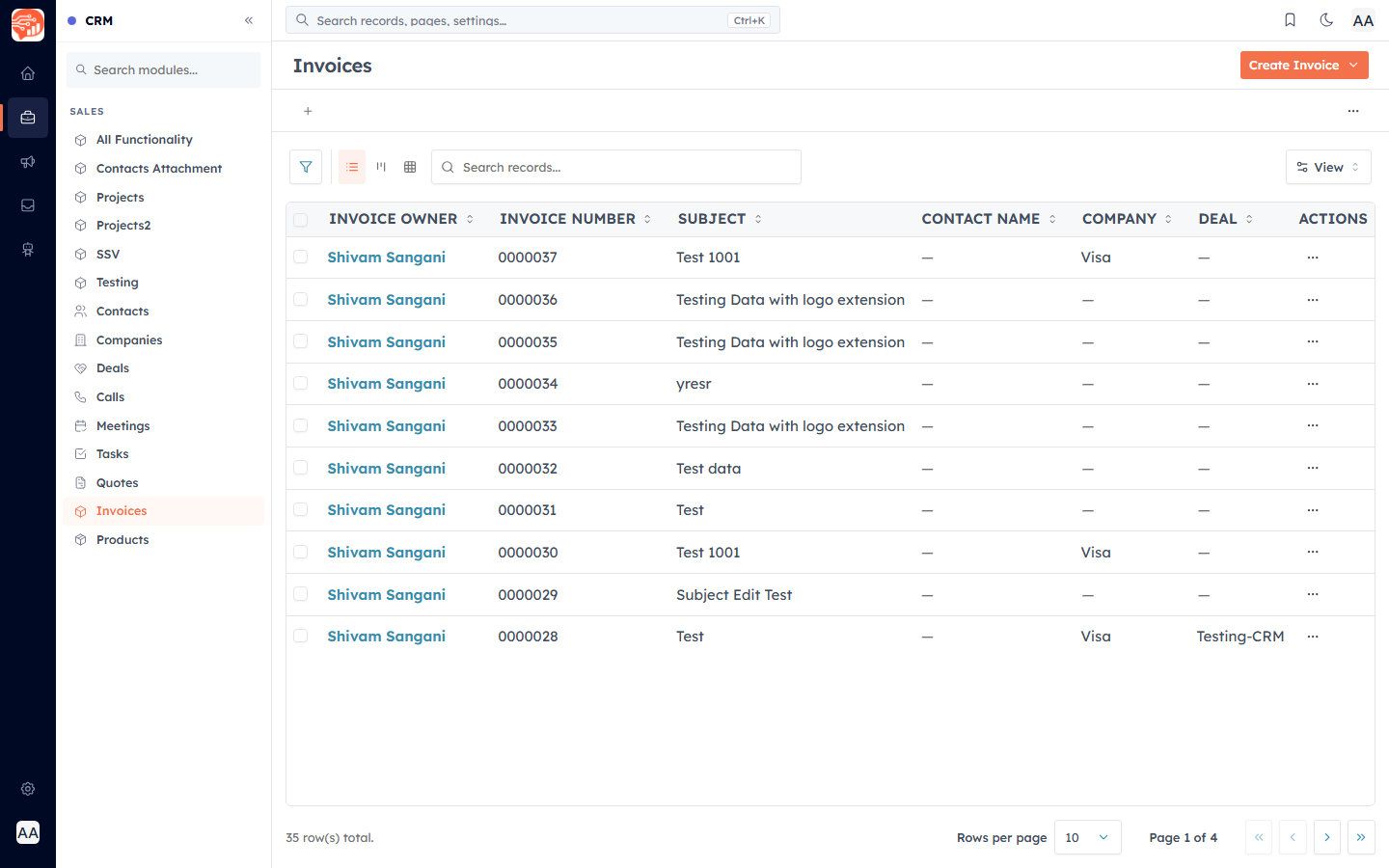 The Invoices list