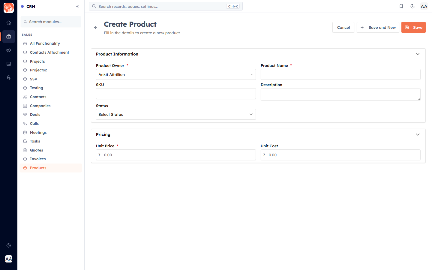 The Create Product form with Product Information and Pricing