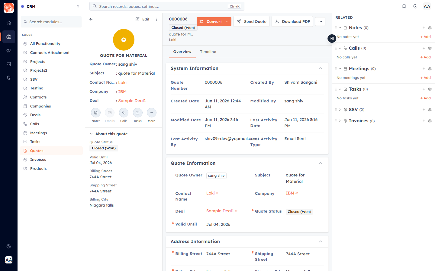 A quote detail page with Convert, Send Quote and Download PDF actions