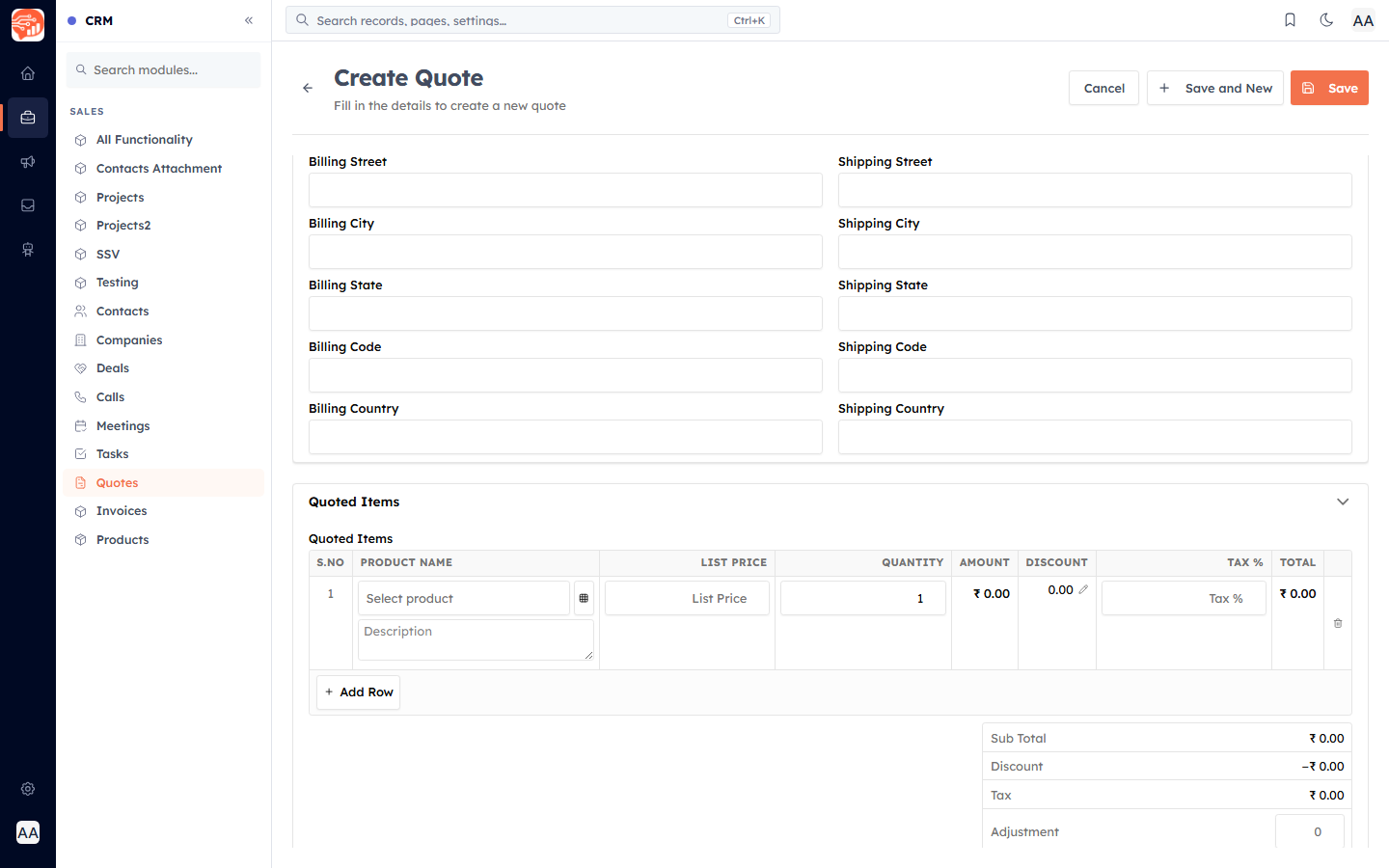 The Quoted Items grid with product lines and the totals panel